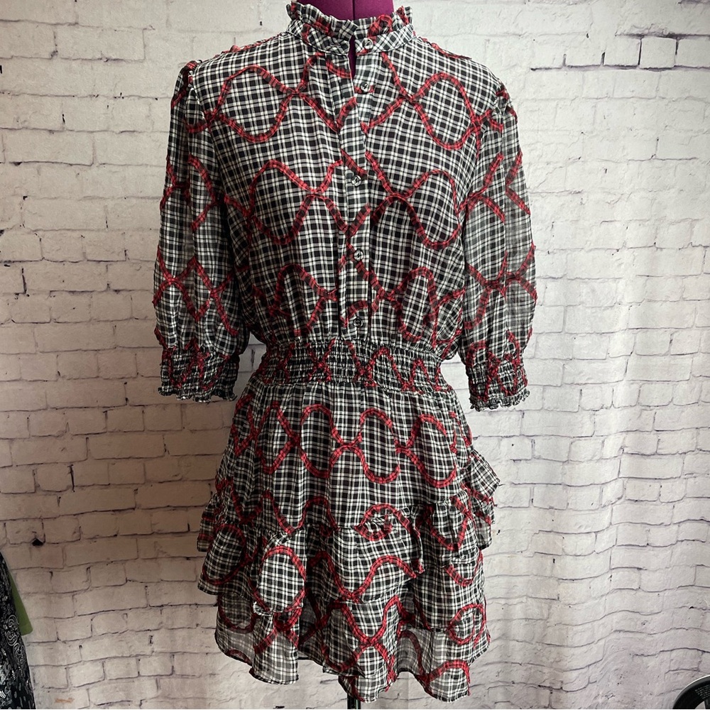 The shirt Rochelle Behrens puff sleeve mini dress size small black, white, & red